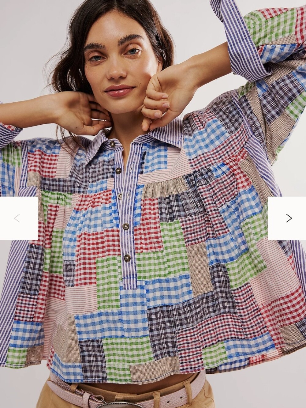 We The Free Patchwork Gingham Plaid Boho Button Front Blouse - Picture 8 of 10